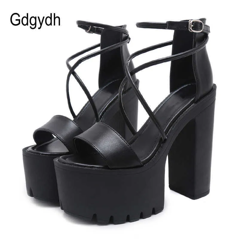 Sandals Gdgydh منصة منصة الصيف Streimity High Heels Open Open Fashion Block Block Block Cheels Punk Black Leather Quality Z0306