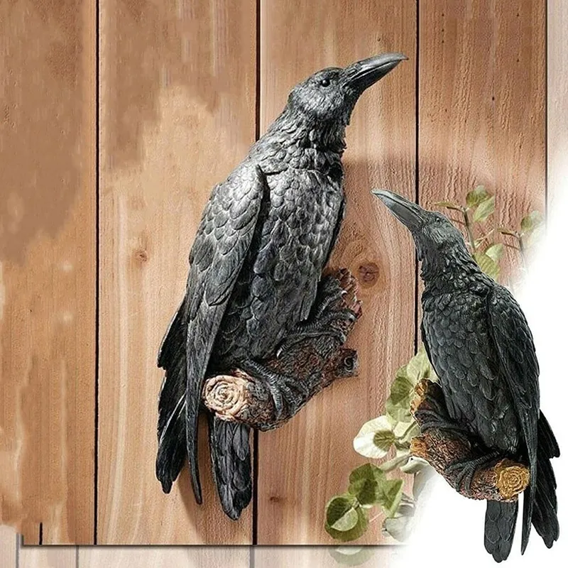 Objets décoratifs Figurines Corbeau Statue Faux Résine Oiseau Corbeau Sculpture Extérieur Corbeaux Halloween Décor Creative Eauves Décoration 230307