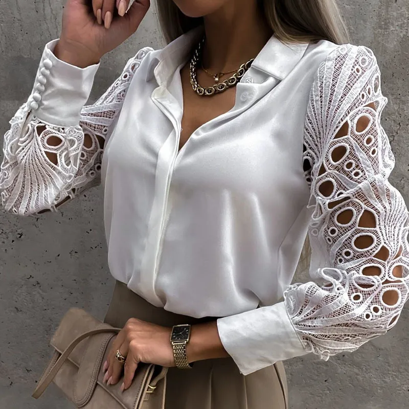 Women's Blouses Shirts White Sexy Lace Hollow Out Women Blouse Spring Black Vintage Button Up Shirts Top Long Sleeve Mesh Design Tops Femme 19948 230308