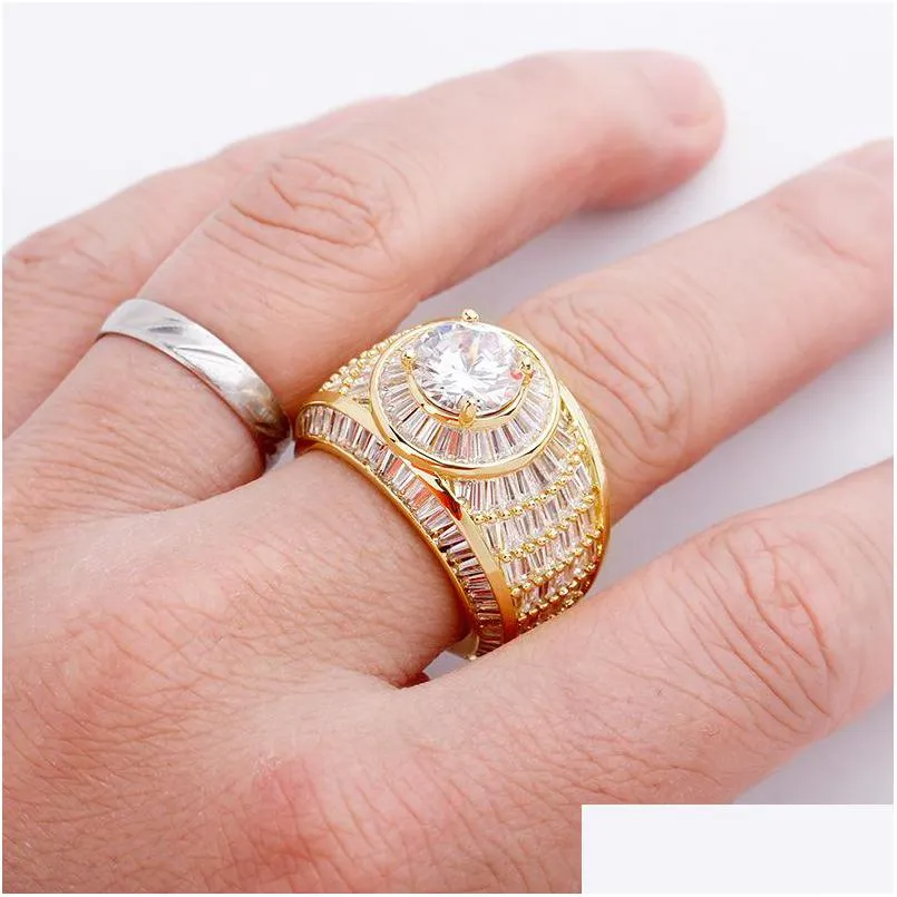 Mit seitlichen Steinen Hip Hop Baguette Cluster Cz Iced Out Diamant Ring Hochwertiges Weißgold Bling Mode / Herrenringe Drop De Dhgarden Dhyof