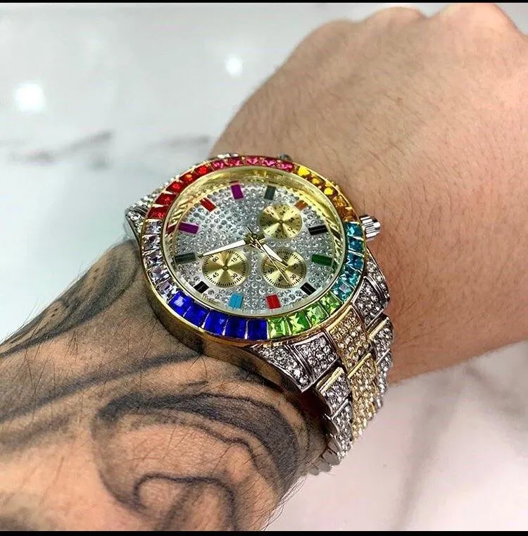 Armbandsur mens gyllene klocka kvartsklocka kronograf färgglada diamant rostfritt stål isade ut älskare hiphop