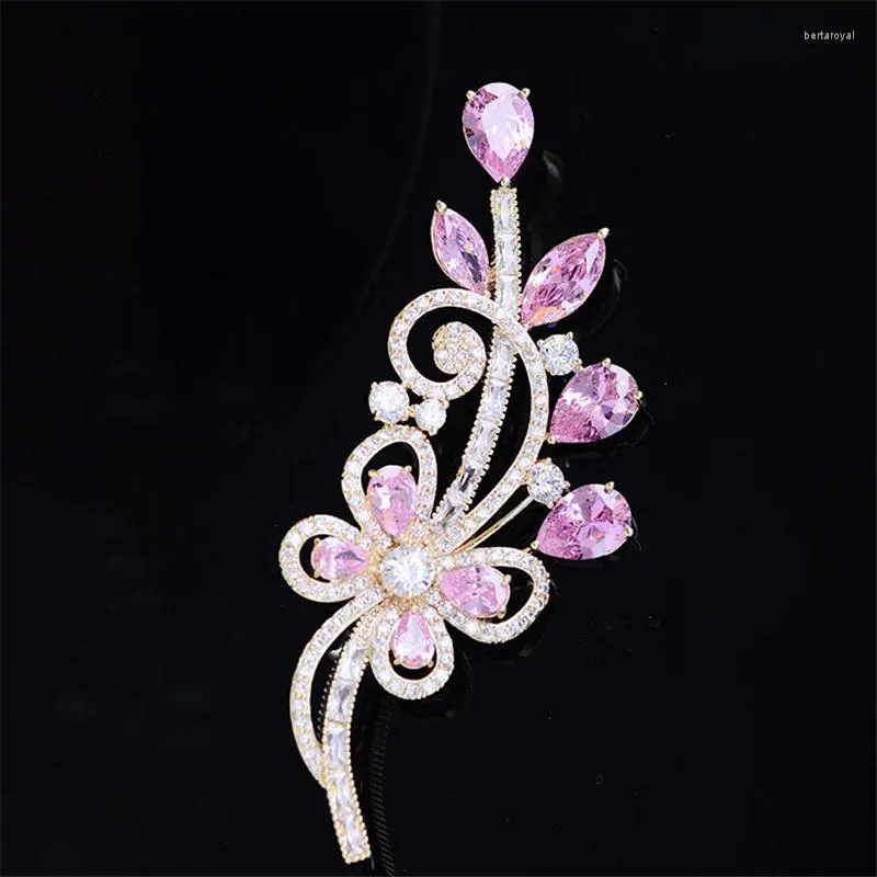 Brooches Luxury Elegant Pink Green Zircon Branch Flower For Women Overcoat Brooch Pin Fashion Broches Pins Wedding Accessories