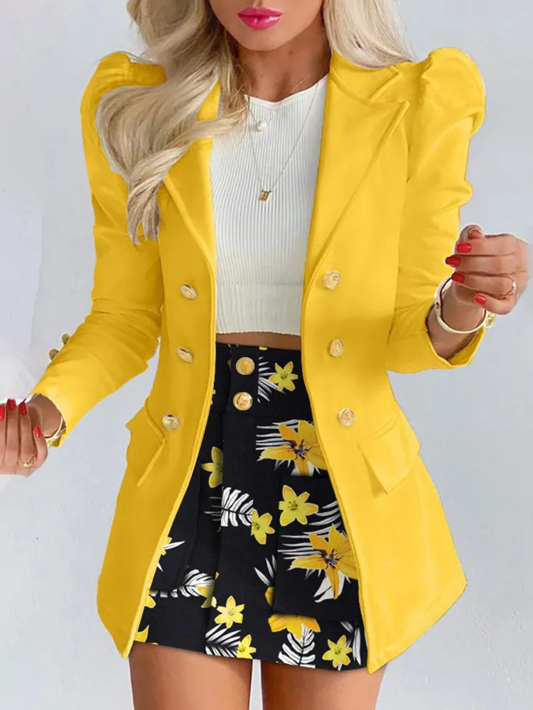 Two Piece Dress Skirt Suits Spring Summer Printed Princess Sleeve Short Commuting Slimfitting 2 Blazer and Jackets Coats 230308