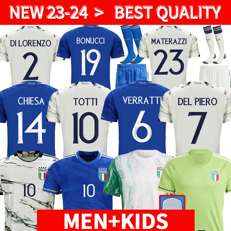 2023 Jerseys de futebol da Itália Versão Maglie da Calcótica Totti Verratti Chiesa Treining Suit Italia 23 24 Camisa de futebol Lorenzo Men Set Kit Kit Uniforme goleiro