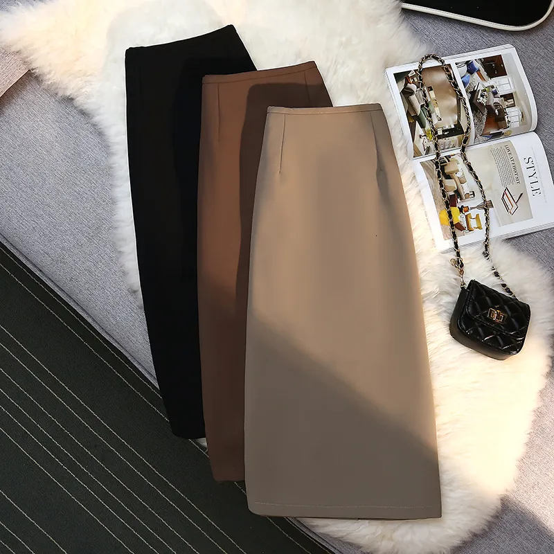 Skirts Fashion Elegant Formal Skirts Women Autumn High Waist Drape Suit Long Brown Skirt Zipper Female 230308