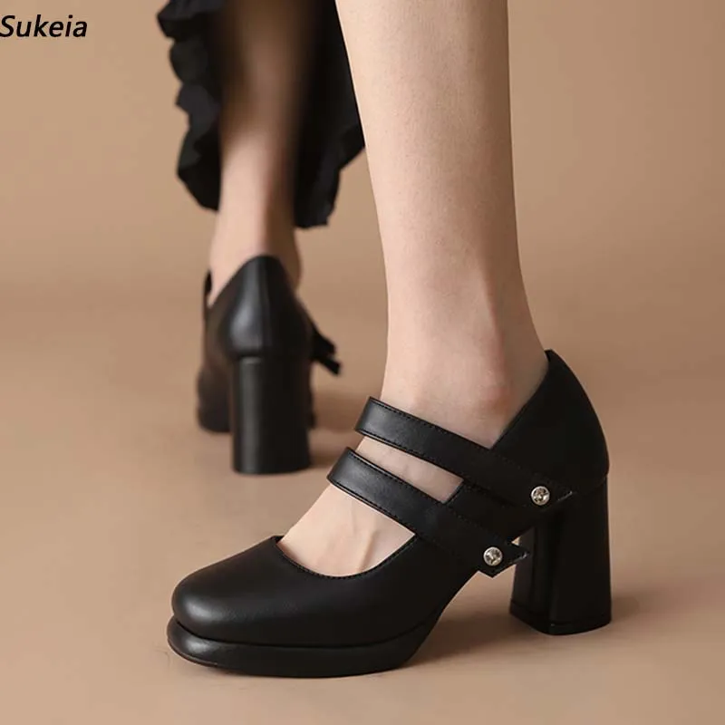 Sukeia New Arrival Women Pumps Faux Leather Chunky Hote Round Toe Elegant Black Party Shoes Ladies USサイズ5-14