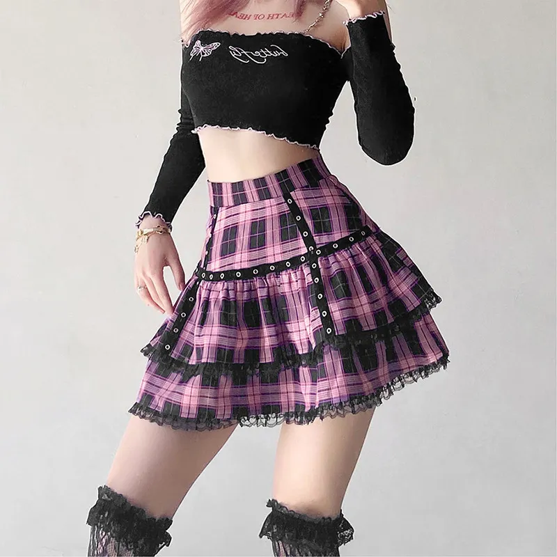 Kjolar lolita tårta mini kjolar gotiska japanska harajuku flickor lila rosa pläd veckad kjol punk söt spets kawaii cosplay costume 230308