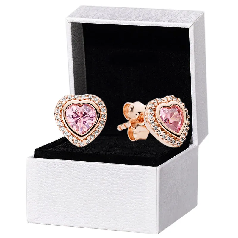 Rose Gold Pink Stone Heart Stud -oorbellen voor Pandora Real Sterling Silver Wedding Sieraden For Women Girlfriend Gift CZ Diamond Designer Earring met originele doos