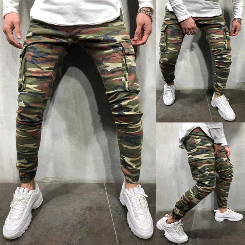 Herrbyxor 2022 Nya herrkamouflage elastiska jeans smala fit blyertsbyxor multiock camo manlig lastbyxor streetwear z0306