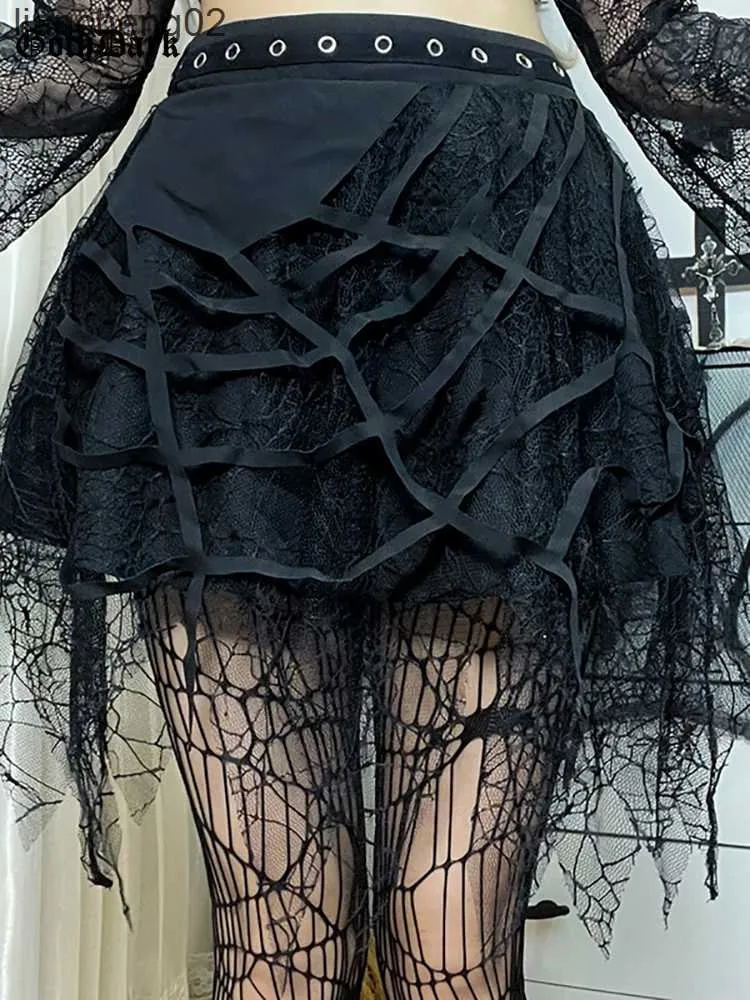 Skirts Goth Dark Spider Web Punk Mesh Tassel Mini Skirts Mall Gothic Grunge High Waist A-line Skirt For Women Eyelet Party Alt Clothes W0308
