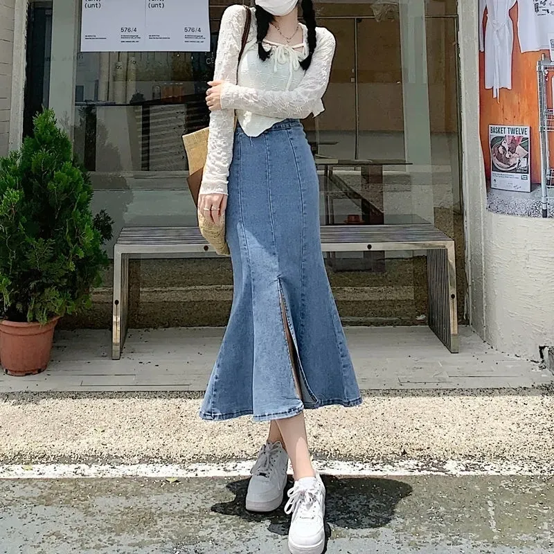 Jupes BIYABY Style coréen moulante jupes en queue de poisson pour femmes mode Denim fendu jupe longue taille haute volants jupes mi-longues 230308