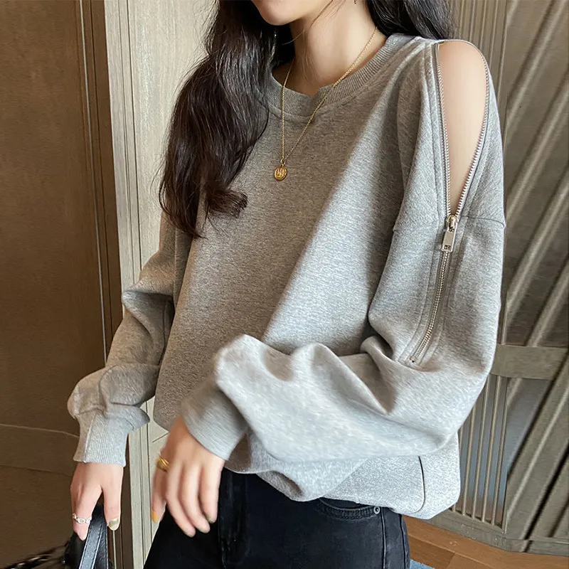 Kvinnor S T -skjorta Stylish O Neck Off Shoulder Zipper Clothing Autumn Matcha Casual Pullovers Loose Korean Tee Shirt 230307