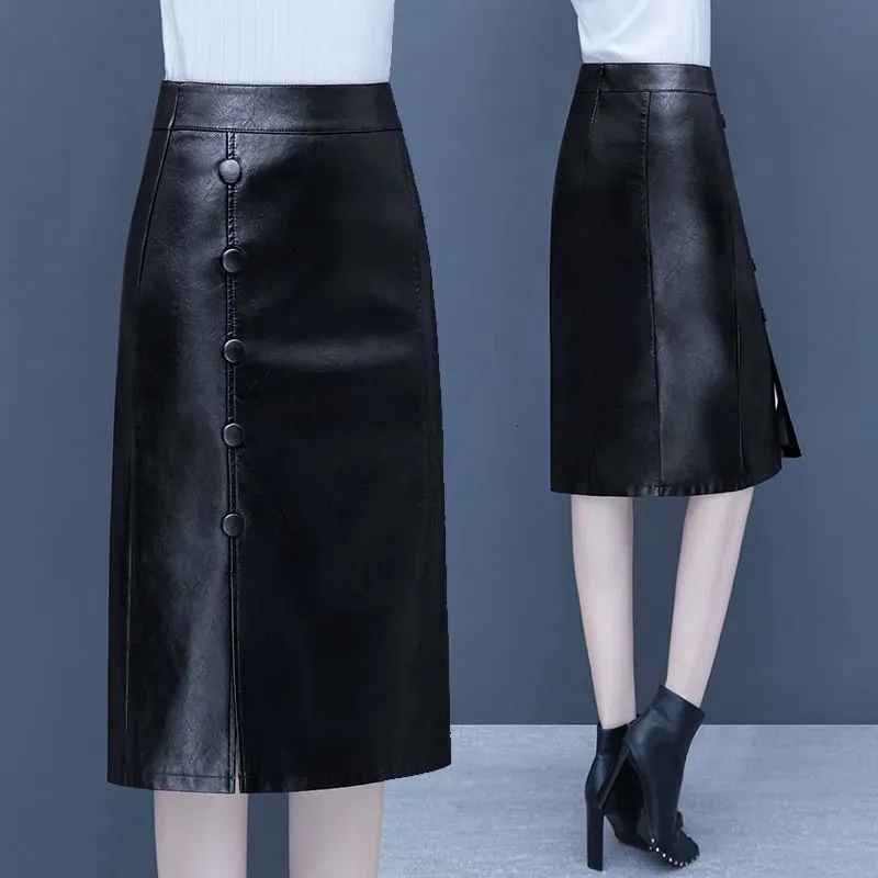 Skirts Women Pu Leather Skirt 5XL Autumn Casual Office Work split High Waist Long Skirt Ladies Elegant a line Winter Skirts 230308