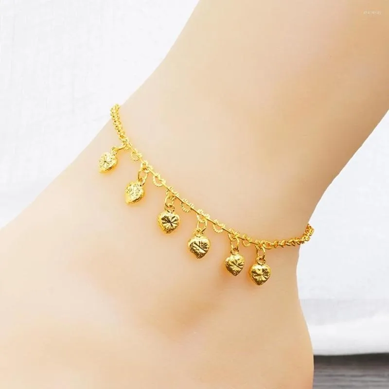 Bracelets de cheville d'été pour femmes, en forme de cœur, cloche, pompon, chaîne de pied, or jaune 18 carats, rempli de pieds nus sur la jambe, joli bijoux