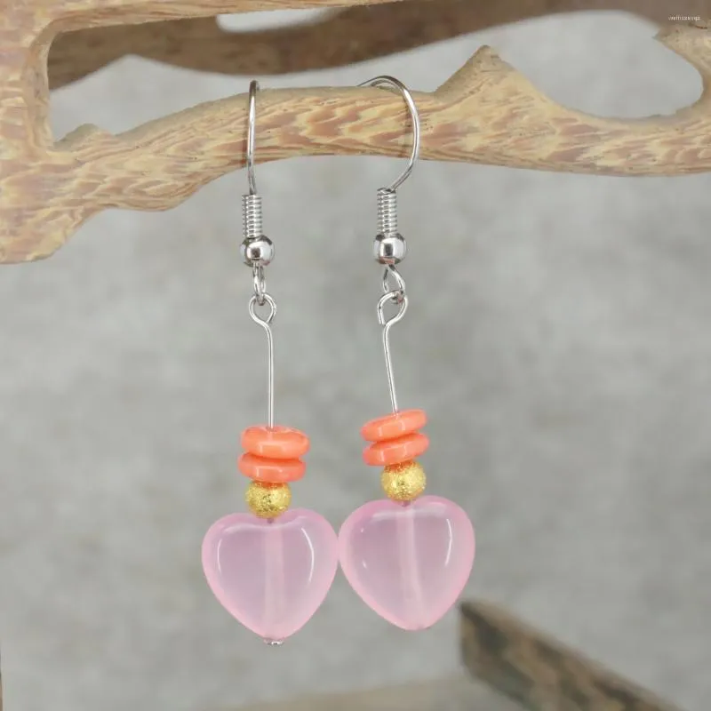 Dangle Earrings 12mm Heart Shape Pink Jades Chalcedony Drop With Abacus Orange Resin Beads DIY Jewelry Making Design Women Girls Gifts