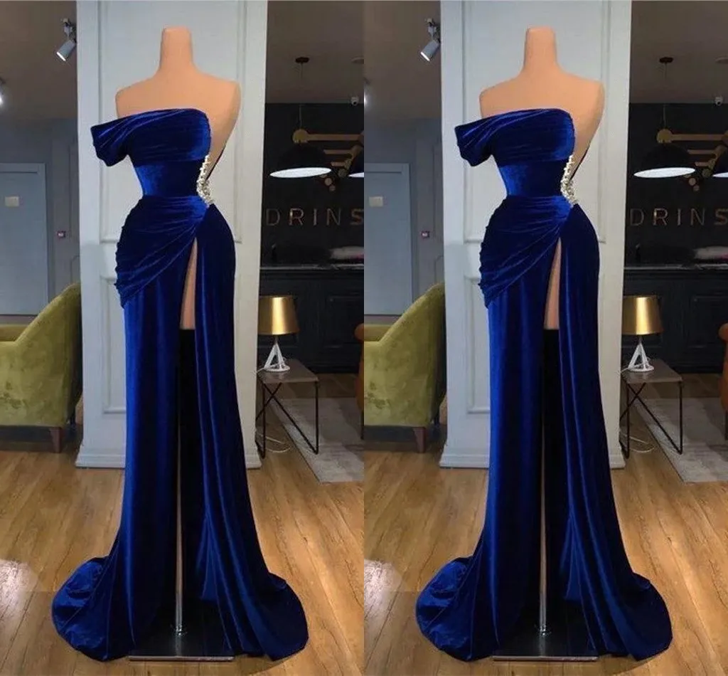 Gorgeous Royal Blue Mermaid Prom Dresses One Shoulder Beaded High Split Velvet Strapless Draped Pleats Sweep Trian Engagement Formal Evening Pageant Party Gowns