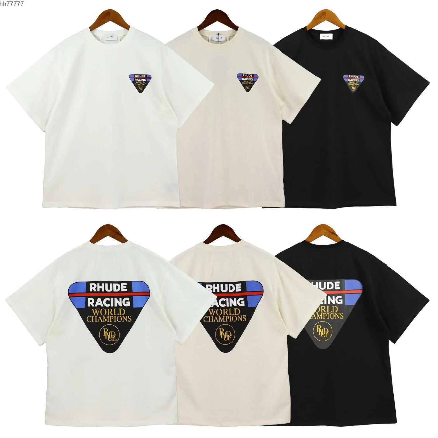 2023 Camiseta de moda para hombres y mujeres Br Rhude s 2023 Triángulo invertido Estampado de letras de manga corta para hombres Mujeres High Street Media manga suelta Owmn