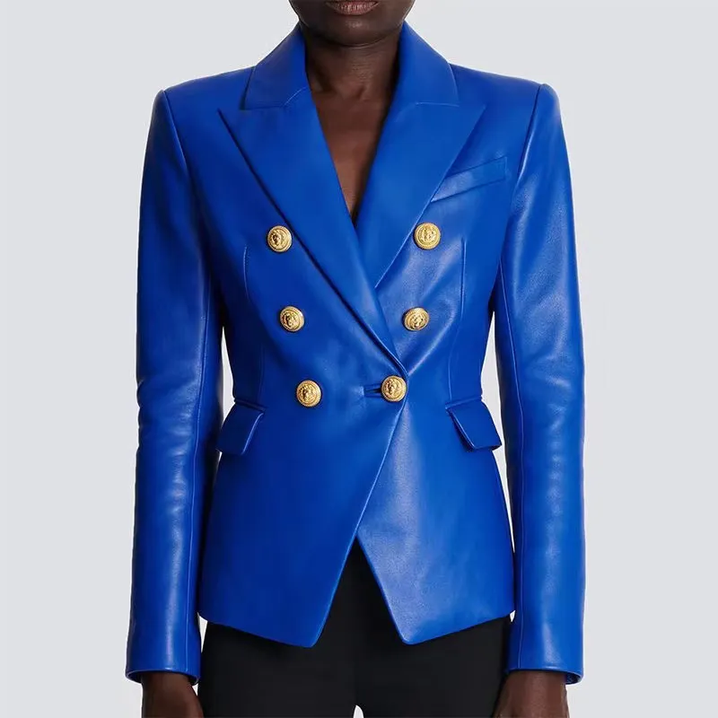 レディーススーツデザイナー服ブレザージャケット女性秋の春のスタイルレディーの本物の革のジャケットデザイナーコートのためのスリム