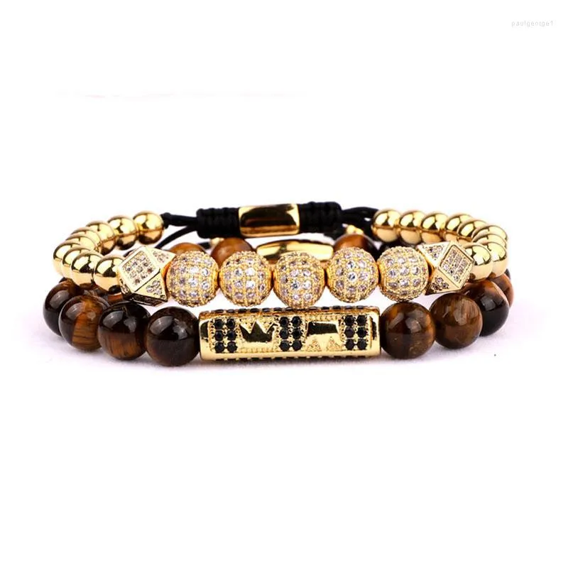 Strand High Quality Luxury CZ Micro Pave Ball Crown Charms Occhi di tigre Bracciale regolabile con perline in pietra Uomo Donna