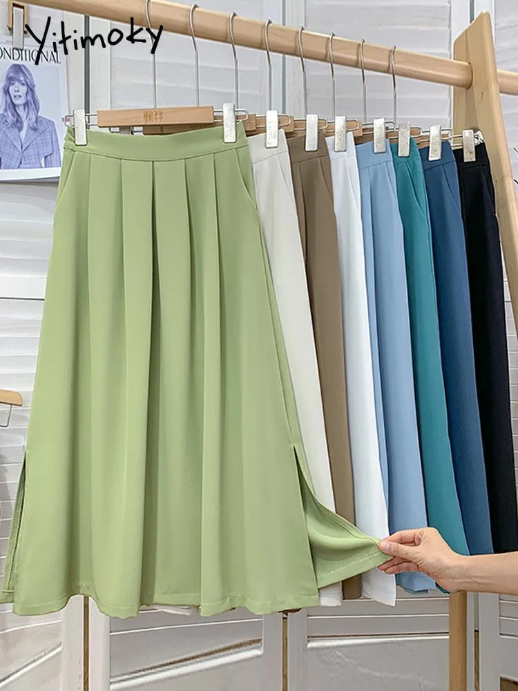 Skirts Yitimoky Pleated Womens High Waist Side Slit Vintage Midi Skirt Korean Fashion Clothing Summer 2023 Casual Bottoms Black