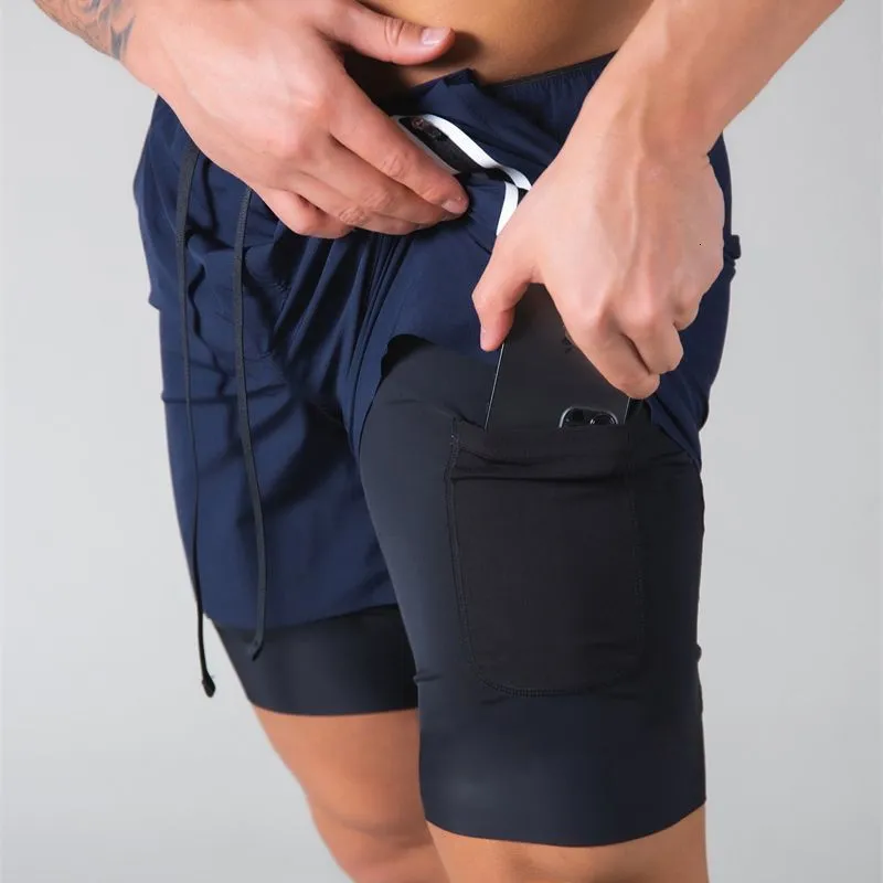 Herr shorts sommar kort fast färg snabb torr dubbel lager 2 i 1 fitness träning sport byxor mode casual 230307