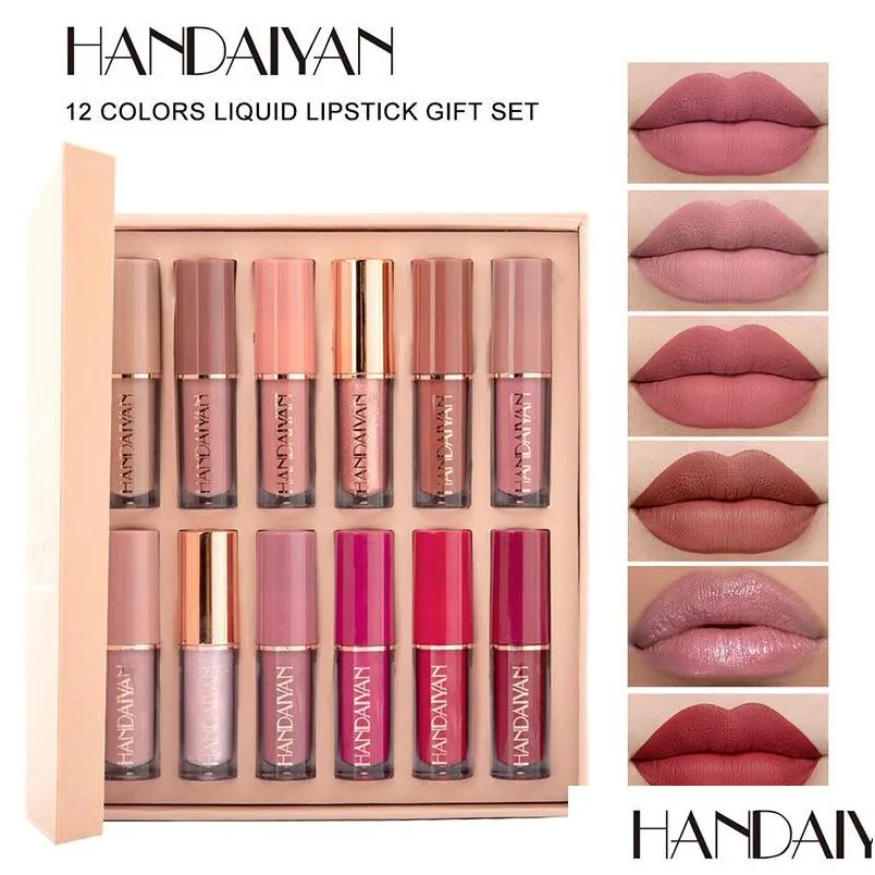 Lip Gloss 12 Cores Conjunto de batom líquido fosco de líquido longLasting Smudge à prova de wate glosses de maquiagem de maquiagem de maquiagem Droga de saúde Bea dh1nx