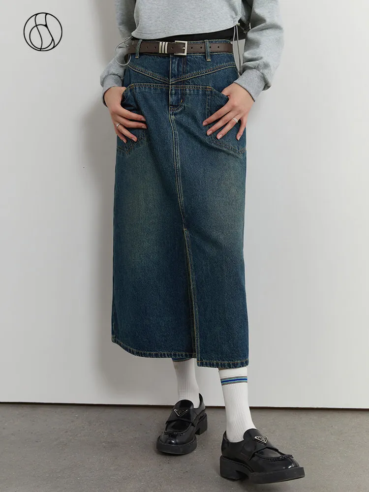 Kjolar dushu denim kjol kvinnor hög midja långa a-line kjolar kontor lady front spillt retro denim blå jean kjol för kvinnor 230308