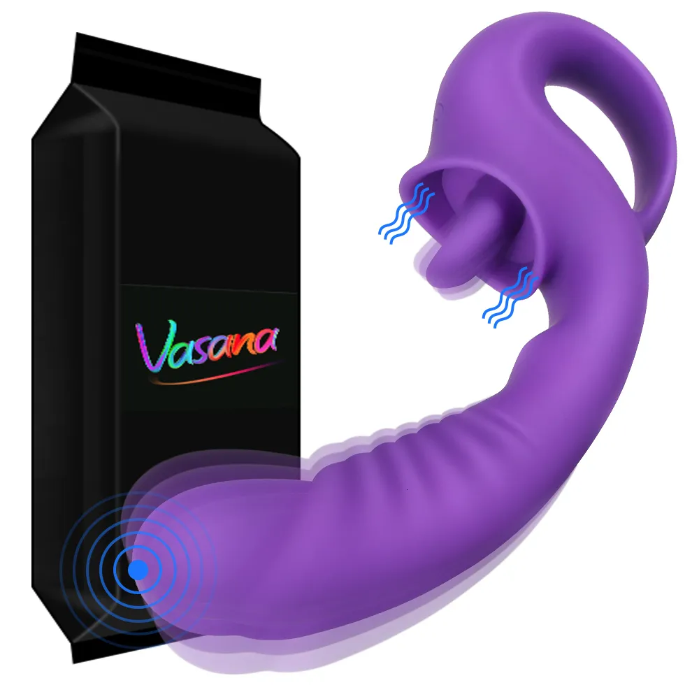 Vibrators Vasana 2 In 1 Tongue Licking Dildo Vibrator with Handled Clit Licker Vagina G Spot Stimulator Orgasm Sex Toy Female Masturbator 230307