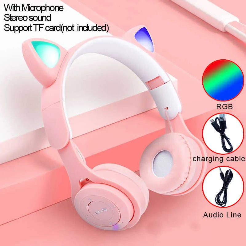 Cell Phone Earphones Flash Light Cute Cat Ears Wireless Headphone with Mic Control LED Kid Girl Stereo Music Helmet Bluetooth Headset Gift W0308