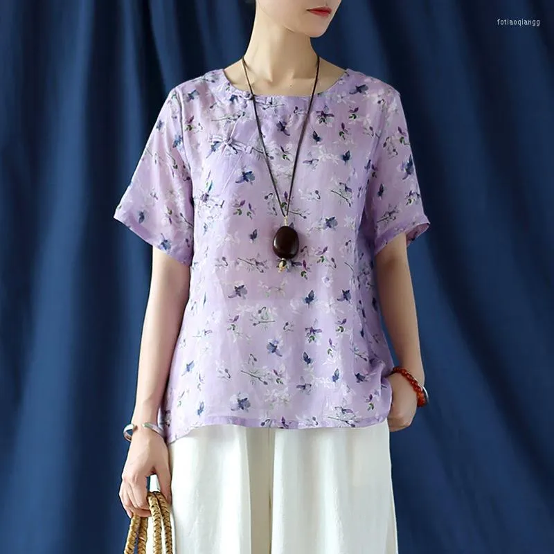 Kvinnors blusar Johnature Women Chinese Style Shirts Ramie Print Floral Button 2023 Summer O-Neck Kort ärm Vintage Kvinna