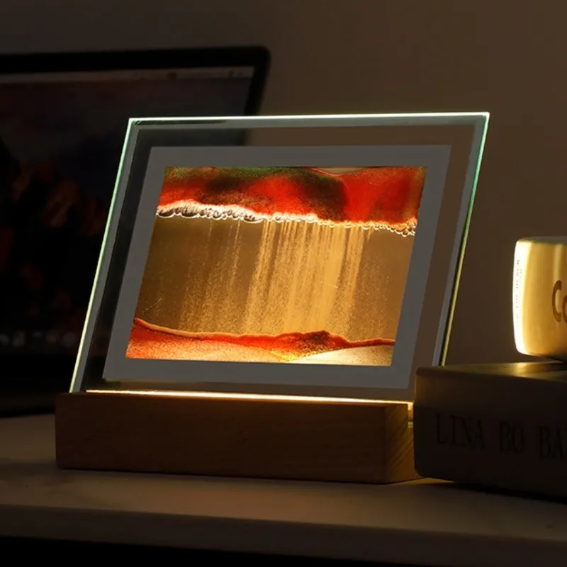 Dekorativa föremål Figurer Sandkonst Moving Night Lamp Craft Quicksand 3D Landscape Flowing Picture Hourglass Gift LED Bord Lätt heminredning 230307