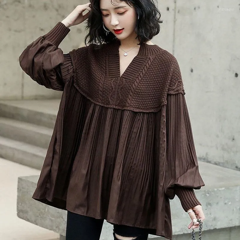 Women's Blouses Loose Knitted Patchwork Chiffon Women Blouse 2023 Fashion Design Lantern Sleeved Solid Elegant Pulls Outwear Tops