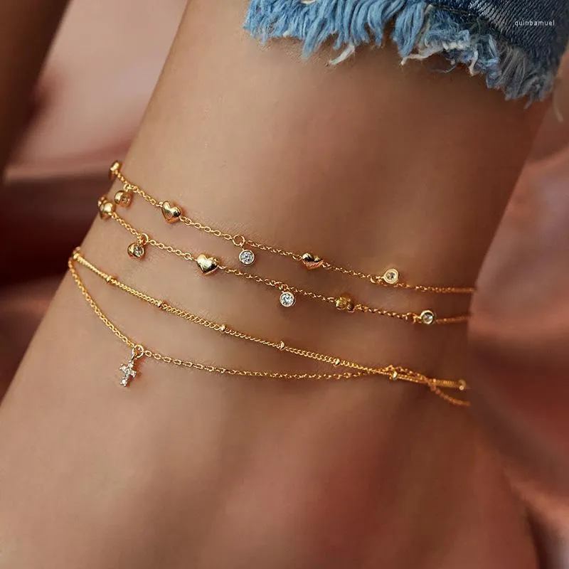 Fußkettchen Sommer Boho Kreuz Fußkettchen Für Frauen Gold Mehrschichtige Kristall Knöchel Armband Fuß Kette Bein Strand Zubehör Schmuck