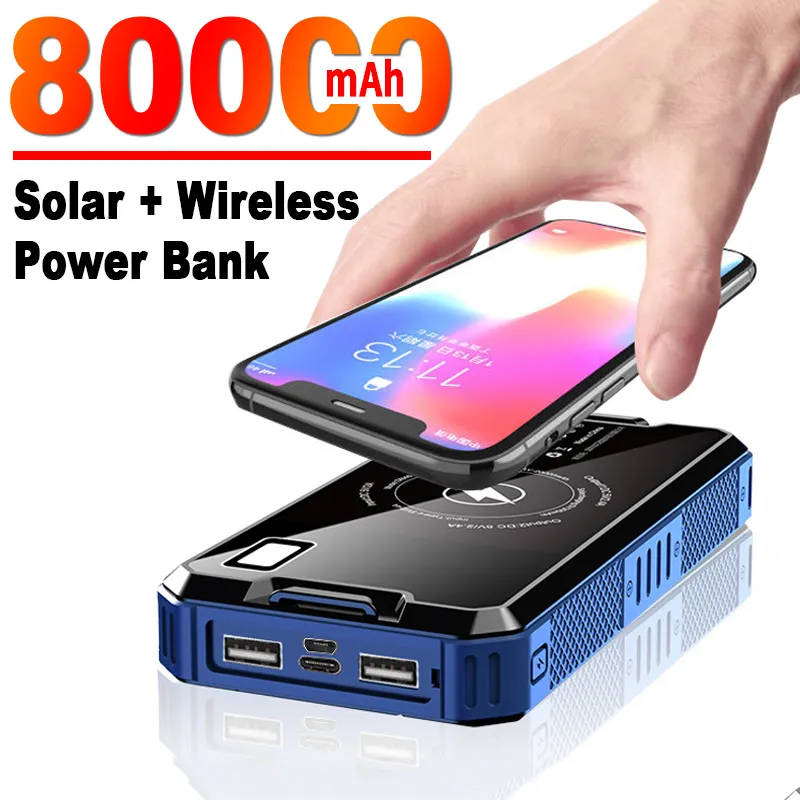 30000mAh 태양 광 무선 전력 은행 고용량 휴대용 외부 배터리 LED 손전등이있는 외부 배터리 아이폰 Xiaomi를위한 야외 여행