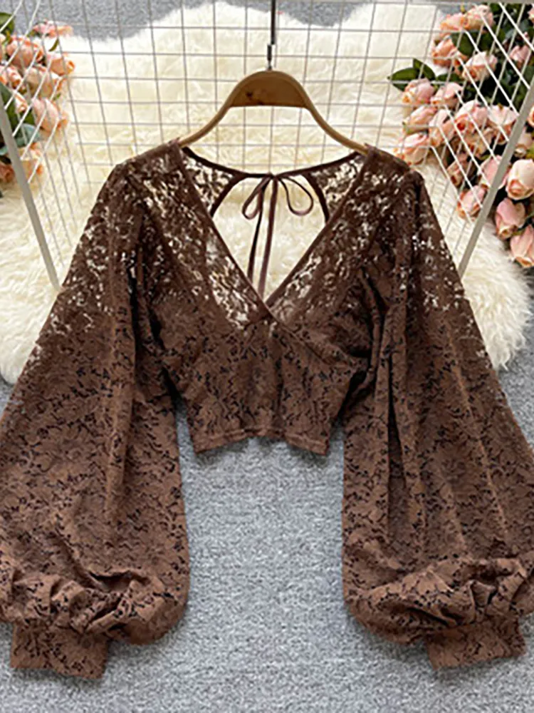 Women's Blouses Shirts Autumn Black/White/Brown Sexy Lace Blouse Women Elegant V-Neck Puff Long Sleeve Open Back Short Tops Female Party Blusas 230308