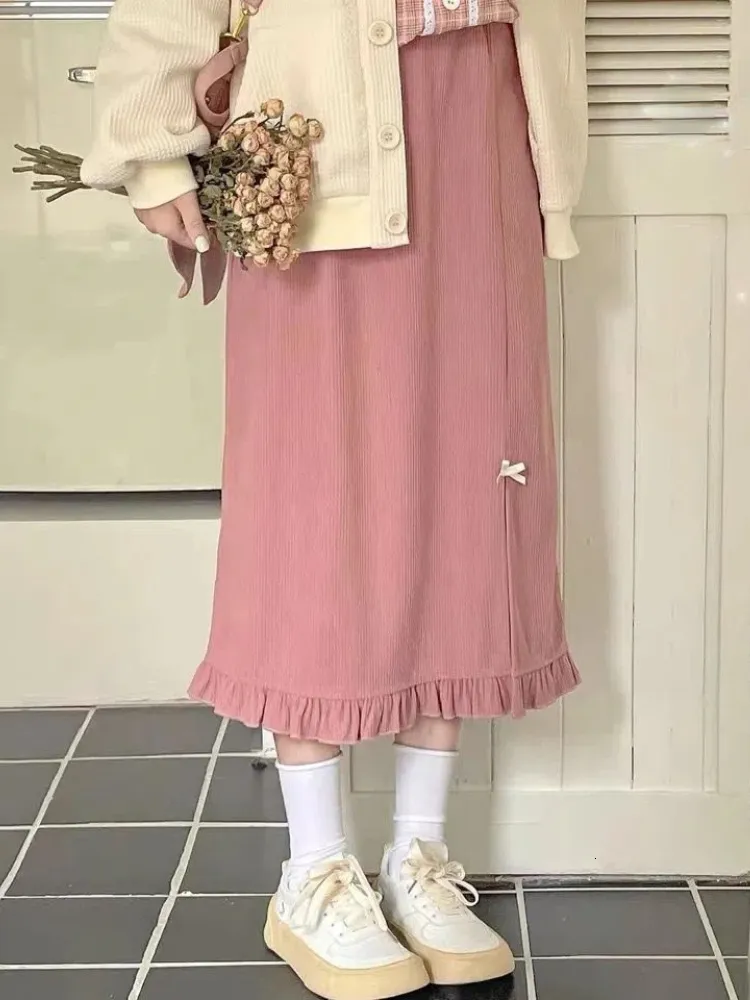 スカートHouzhou Kawaii Pink Corduroy Long Skirt女性日本語ファッションかわいいハイウエストスプリットボウストレートミディスカートの女の子秋23088