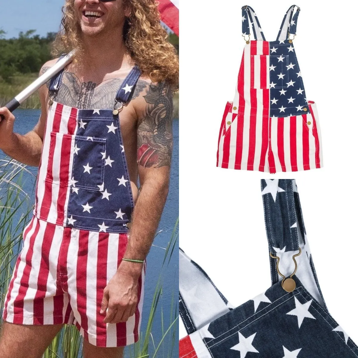 DHgate Mens Independence Day American Flag Striped Denim Jumpsuit Bib Overalls Romper Apparel