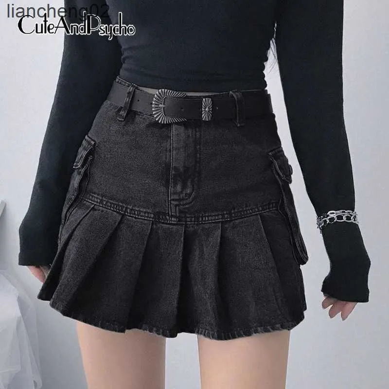 Skirts Vintage Pleated Denim Skirts Women Dark Academia Fashion Skirts Goth Black High Waist Skirt 90s Korean Pockets Cuteandpscho W0308