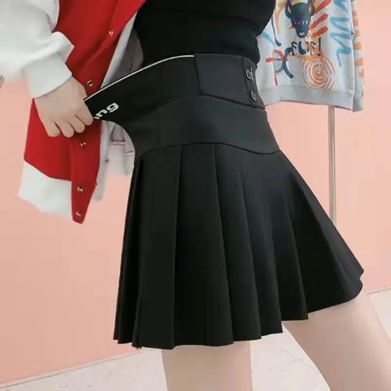 Jupes Y2K Harajuku bouton lettre imprimé jupe plissée élastique taille haute a-ligne Mini jupe école de mode coréenne Kawaii femmes jupe 230308