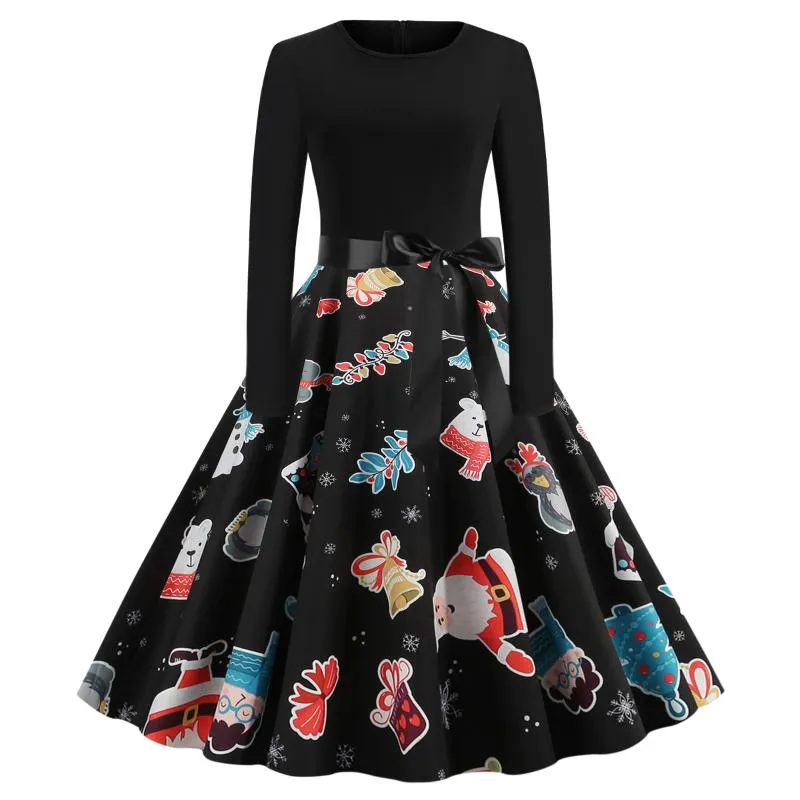 Lässige Kleider Frühling Herbst Winter Weihnachten Cartoon Weihnachtsmann Print Rundhalsausschnitt Schleife Langarm Damen Damen Kurz Skater Party Fany Kleid