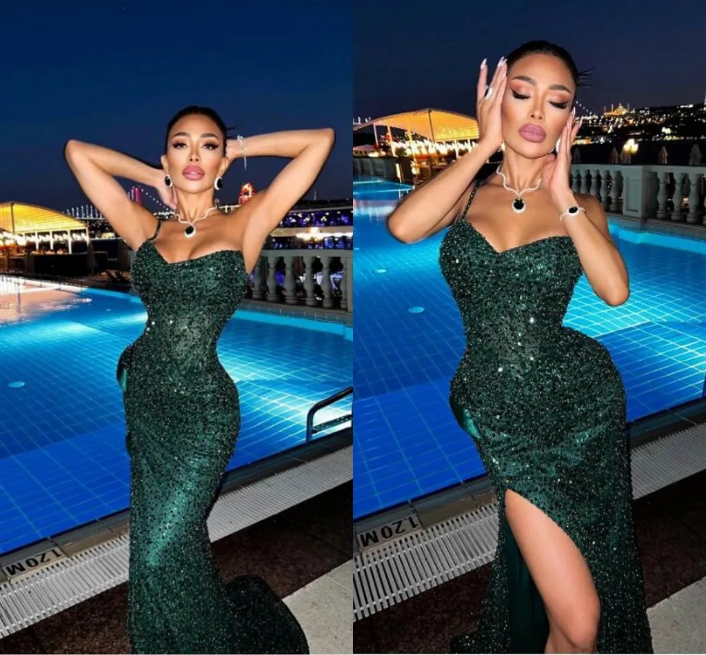 Sexig Hunter Green Mermaid Prom Dresses Long For Women Black Girls High Side Split Sweetheart Sequined Formal Dress Evening Party Födelsedagsklänningar Custom