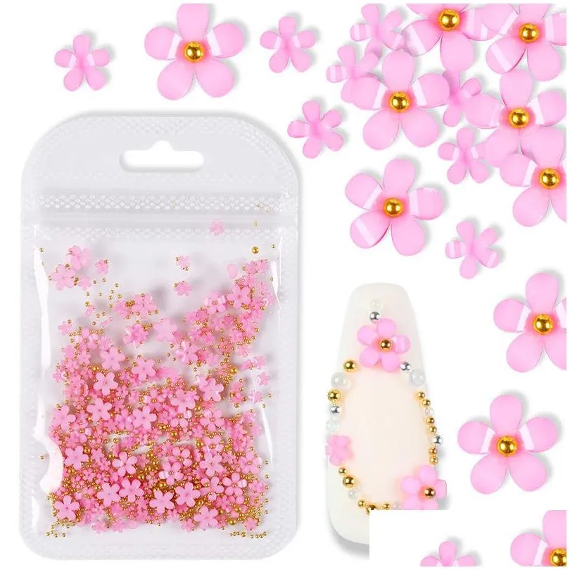 Nagelkonstdekorationer 2G/väska 3D Pink Flower Smycken Mixed Size Steel Ball Supplies For Professional Accessories Diy Manicure Design D Dhwro