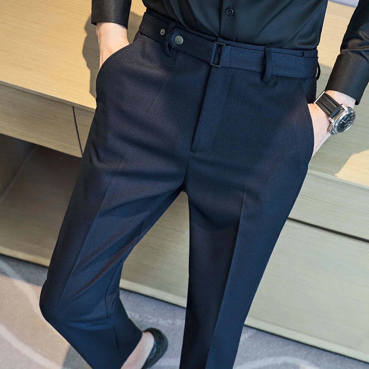 2023 Fashion Mens Dark Stripe Formal Office Pants With Belt Design