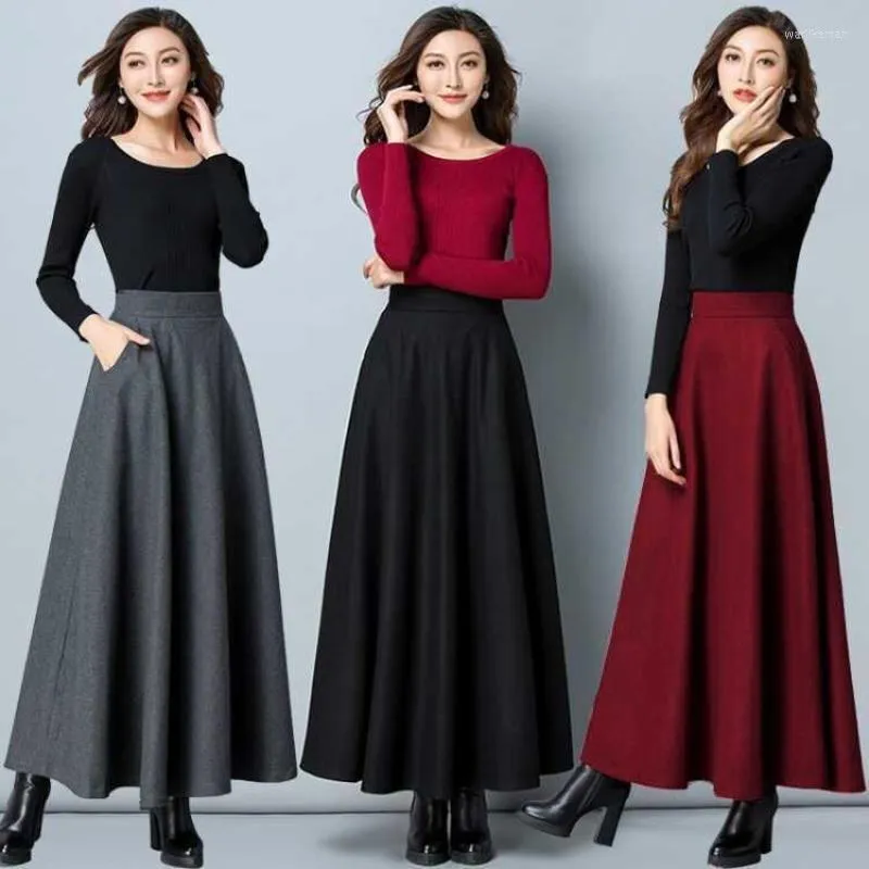 Saias de inverno mulheres saia de lã longa moda moda de cintura alta lã básica feminina casual grosso e elástico A-line maxi e976