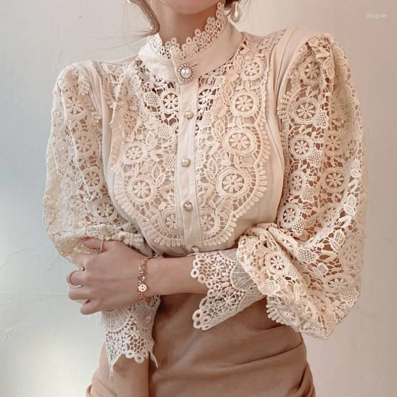 Women's Blouses Lace Embroidery Hollow Out Women Shirts Summer Lantern Sleeved Slim Elegant Office Lady Outwear Coats Tops