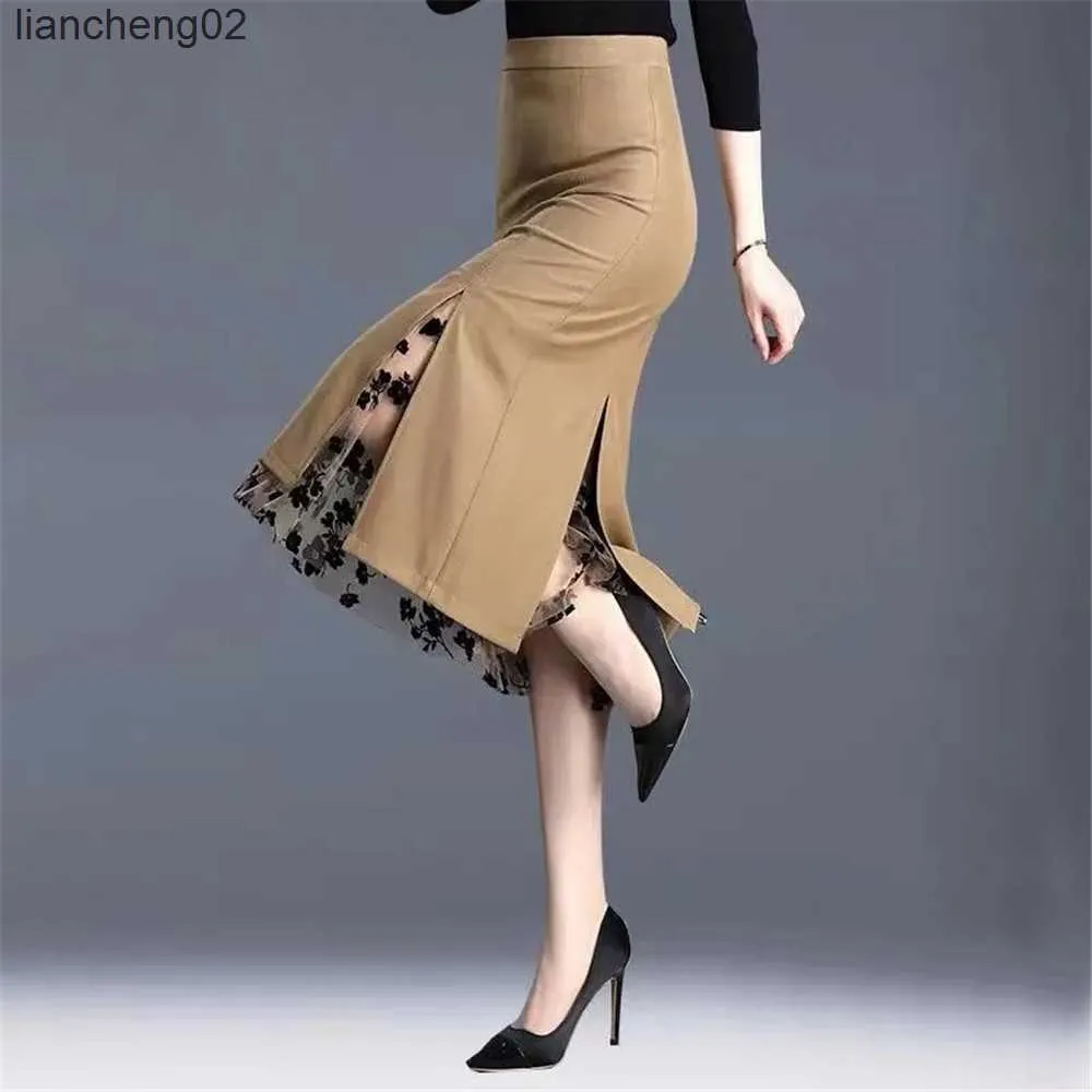 Skirts FairyShely 2022 Women Spring Summer Irregular Mesh Skirt Band Splice High Waist Skirt Knee Khaki Split Office Lady Skirt W0308