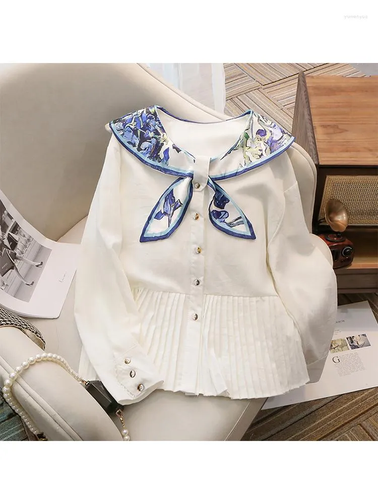 Kvinnors blusar vintage tryck Sailor krage långärmad vikar kvinnliga skjortor chic kvinnor blus koreansk stil elegant blusa toppar vår 2023