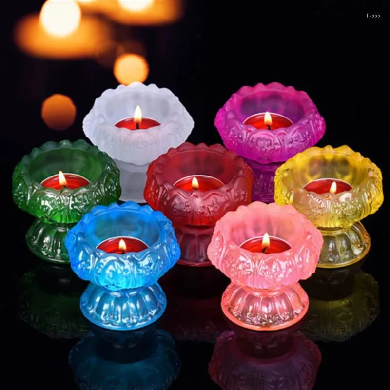 キャンドルホルダーカラフルなガラスカップランプホルダーロマンチックなロータスフラワーキャンドルスティック仏教チベット供給仏テーブルホームデコレーション