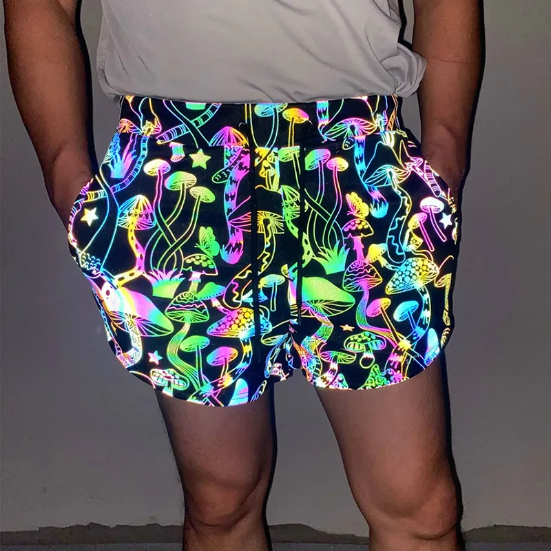 Herrshorts PARKLEES Svamptryckta Färgglada Reflexer Herr Shiny Hip Hop Dans Fluorescerande för män Nattsport joggare 230308