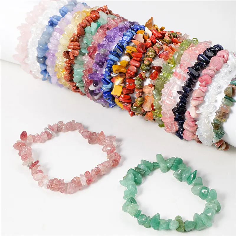 Kvinnor Natural Gem Crystal Stone Pärlor Armband Gravel Oregelbunden Crystal Stretch Chip Nuggets Bangles Quartz Wristband